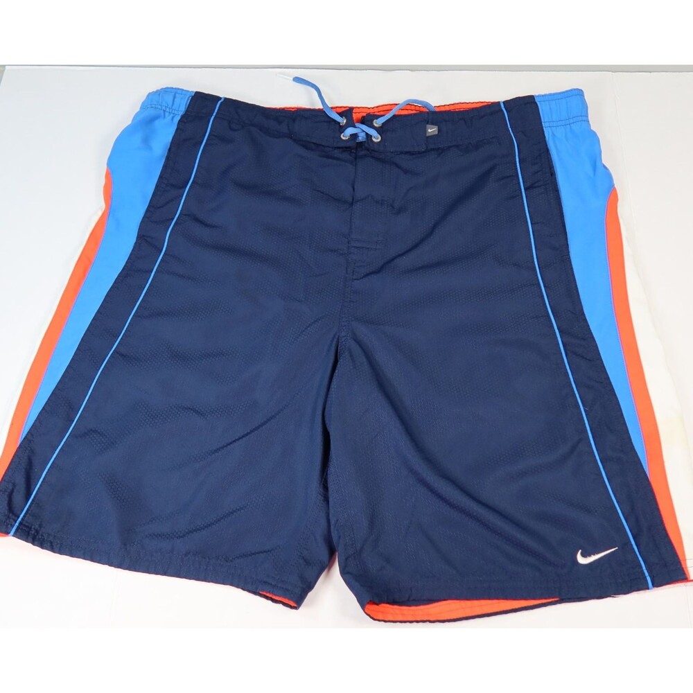 NIKE Men's Swim Trunks Board Shorts Size Large Navy Blue Side Stripes Drawstring